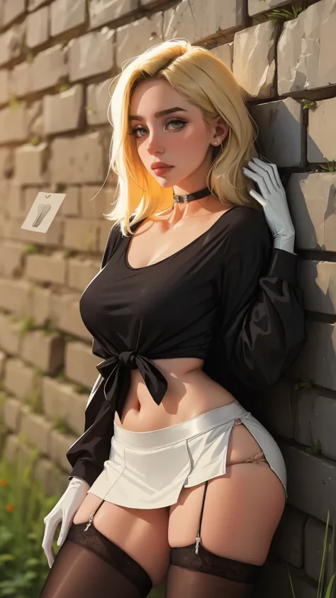 score_9, score_8_up, score_7_up, score_6_up, 1girl, crop top, mascara, black eyeliner, black lips, choker, black shirt, collarbone, solo, long hair, tied hair, looking at viewer, blue eyes, indoors, ruins, stone wall, Topless, bottomless, tomboy, nipple pa...