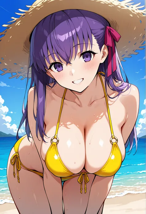 masterpiece, best quality, amazing quality, highres, absurdres, very aesthetic, high resolution, ultra detailed, perfect details, offical art, uncensored, Expressiveh, BREAK 
matou sakura \(Fate style\), purple long hair, blush, large breasts, yellow bikin...