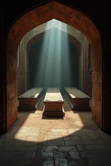 A very clear HD dynamic image of a dimly lit underground crypt beneath the Taj Mahal, with ancient stone coffins covered in dust. The air looks thick with age, and the setting is silent and eerie. Shadows stretch across the floor, creating an ominous atmos...