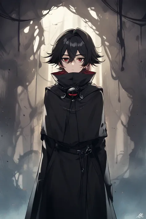 A mysterious hero with gloomy black hair, a male, a gloomy background, a manipulative fictional character 