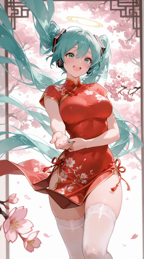 Big Breasts Hatsune Miku ，Wear a Chinese dress，Red and white， Wears White Stockings ，Angel's Eye ， my hands should be normal ， my hands should be uninjured ， Hyperdetailing ，Ancient Wind， very beautiful，4K Ultra HD，Two-dimensional elements，pc wallpaper， Pl...