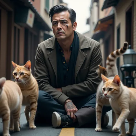 score_9,score_8_up,score_7_up,score_6_up,score_5_up,score_4_up,source_real photo, Ultra-realistic, Photorealistic, Dramatic Scene, Global Illumination, Various colored stray cats crossing a narrow road, A man is surprised while following a group of cats on...