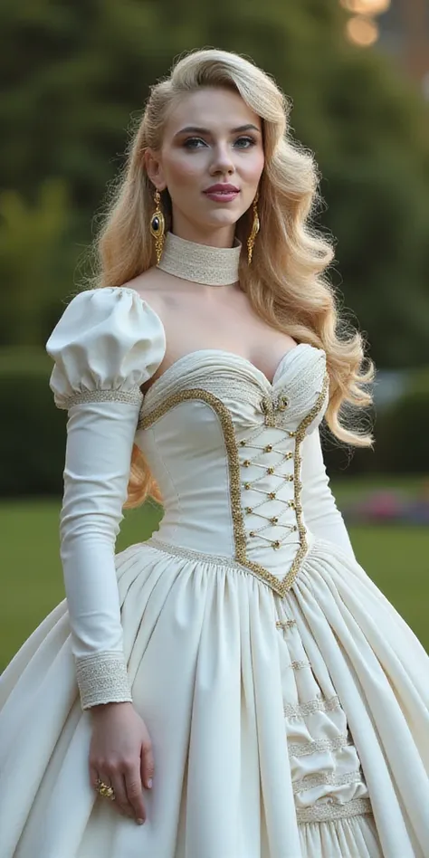 Whole body,  fullbody photography, full body shot,  oliviawilde  , white corset, shiny latex Dress, pillory, Masterpiece, best quality, ultra high res, (photorealistic:1.4) , fit, tiny waist, 18inch waist, long hair,  blonde hair smiling, blushing, pink ch...