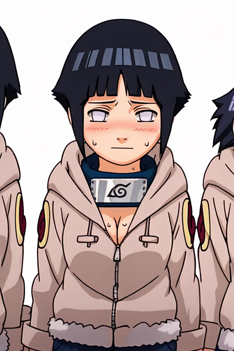 hyuuga hinata, 1girl, solo, black hair, short hair, white eyes, black hair, no pupils, hoodie, hood down, long sleeves,  konohagakure symbol, forehead protector, score_9, score_8_up, score_7_up, anime screencap, anime coloring, source_anime, 1girl, solo, l...