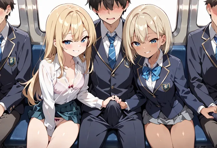 ((masterpiece, best quality, ultra detailed, high resolution, beautiful detailed face, beautiful detailed eyes, perfect hands)), (1 boy, 2 girls, gal, group shot), (brown skin:1.3), (small breasts), (blonde hair), (light makeup), (school uniform, blazer, m...