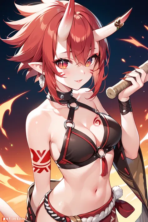 BEST QUALITY, ULTRA DETAILED, HIGH DEFINITION, ALONE, 1girl, oni horns, pointy ears, red eyes, slit pupil, tribal tattoos, slim, medium breasts, red hair, sharp nails, short hair, sexy outfit, animal skin clothing, holding a club, background: on the bank o...