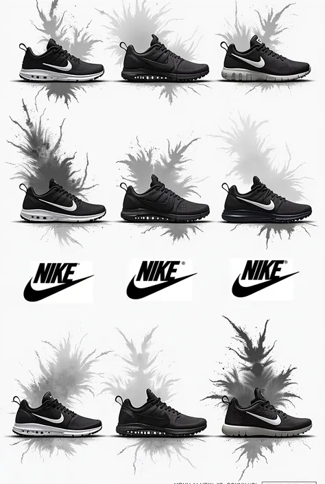 create an amazing nike show landing page template no text just show design let it be suited for desktop size more thsn 3 designs with ink splash effect on them only one image