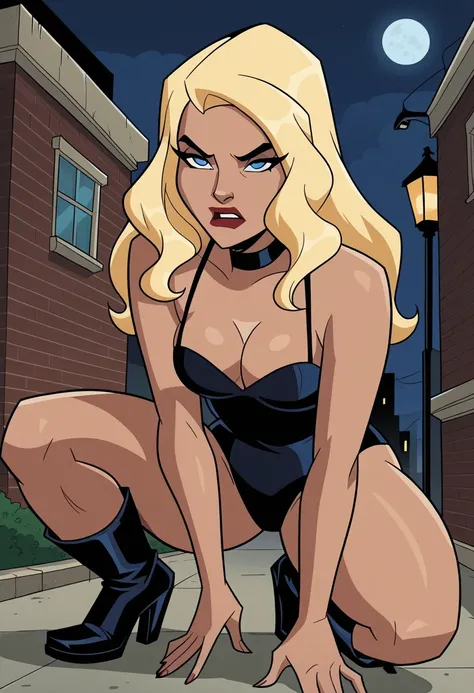 Black Canary character , 1 girl,  blond hair,  blue eyes,  thick thighs,  black swimsuit ,boots,  choker ,  crouching on top of the building, moonlight,  cartoon,sexy,  perfect anatomy,8k