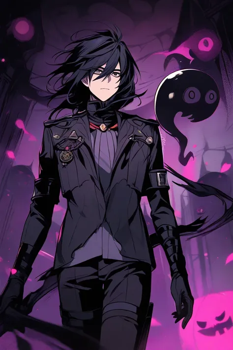 A mysterious hero with gloomy black hair, a male, a gloomy background, a manipulative fictional character 