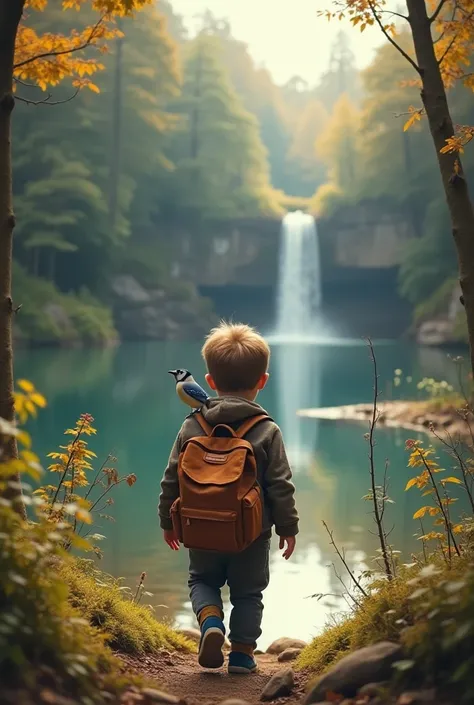 Little three yearold boy with backpack on his back brown jacket gray pants and little jay bird sitting on his shoulder walks threw the woods and sees a little lake with a small waterfall in the distance 