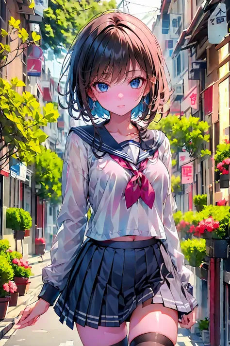 8k, highest qualそれy,  Masterpiece,  very detailed,  ultra high resolution,  by Nomi,  RAW photo,  ultra high resolution, Small face compared to body,  very small face ,   black hair, High school girl wearing a navy sailor suそれ,  animation 2D rendering,  by...