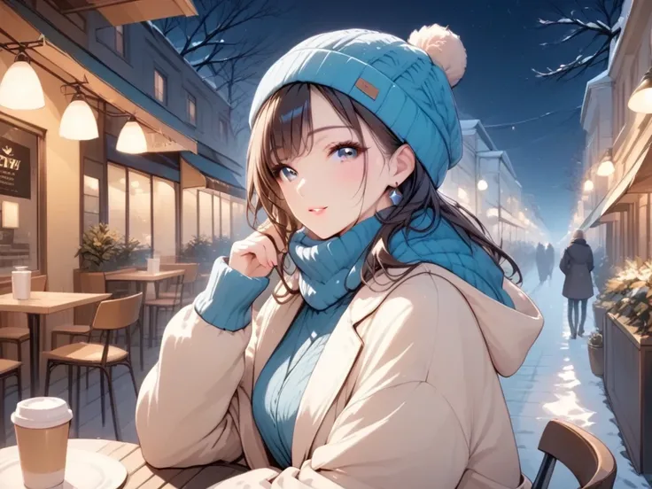 (  Top Quality)( Artistic )(  beautiful face)woman, beanie,  winter clothes,   cafe terrace 、night、