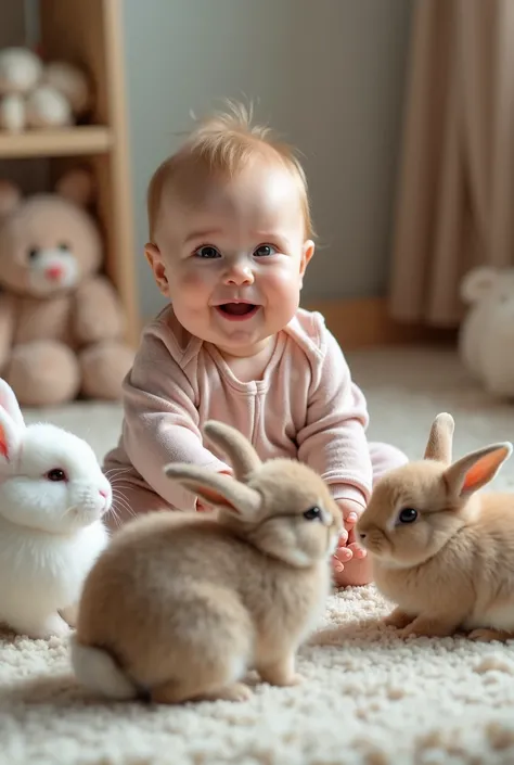 I need vedio 1 cute baby playing with some rabbits and baby smiling