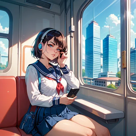 A high school girl is on a train during her morning commute, holding her broken earphones with a troubled expression. She is wearing a school uniform and looking at her smartphone screen with a sigh. One earphone is in her hand as she tries to plug it in, ...