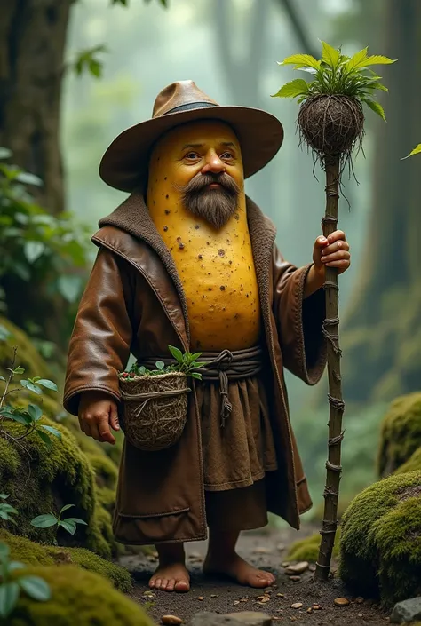  One Being a hybrid between a human and a potato emerges from a mystical forest ,  wearing a rustic leather robe and an aged traveler's hat .  His skin has a texture of ground potato ,  with small roots and natural marks scattered around his body .  Your e...