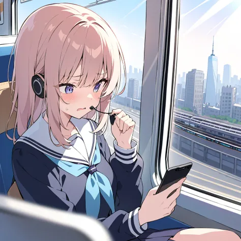 A high school girl is on a train during her morning commute, holding her broken earphones with a troubled expression. She is wearing a school uniform and looking at her smartphone screen with a sigh. One earphone is in her hand as she tries to plug it in, ...