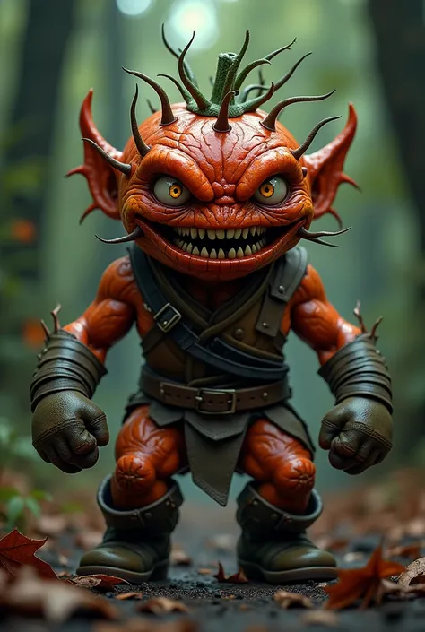  A anthropomorphic creature inspired by a ferocious-looking mutant tomato, with wrinkled and cracked skin ,  covered with scars and sharp thorns coming out of his body .  His bright eyes radiate fury ,  and his mouth full of pointed teeth displays an intim...