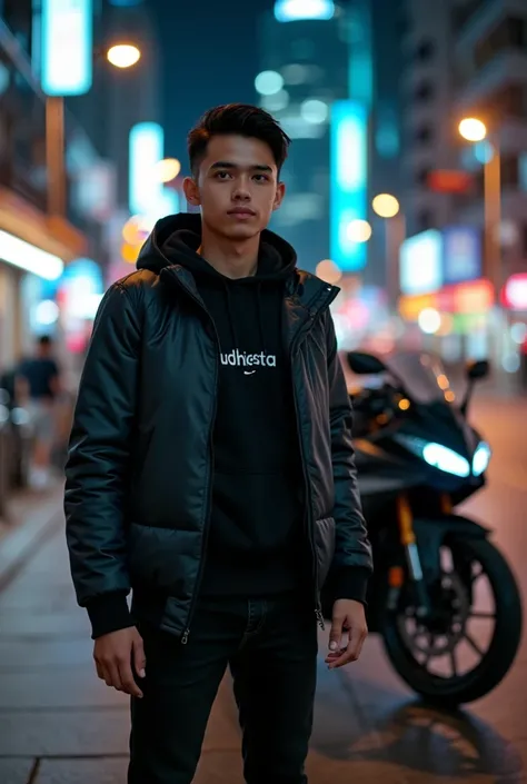 a young handsome 20 year old native indonesian man standing in the background of hong kong there is a giant black ninja sports motorcycle in the background at night wearing a black hood jacket shirt with the name judhiesta wearing black jeans wearing nike ...