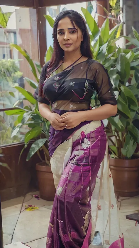 Front view,Full body image, indian hourglass body, Indian plus sized 29 year old Telugu teacher syamala, lovely face, suductive expression on face and lips, mouth slightly open, large swooping breasts, wearing highly embroideried dark meroon colour glossy ...