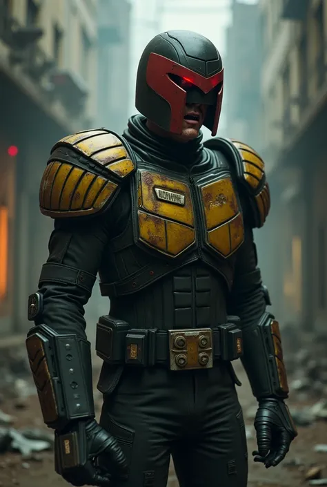 Zombie wearing judge dredd uniform. A metal 'portcullis' covers the eyes 