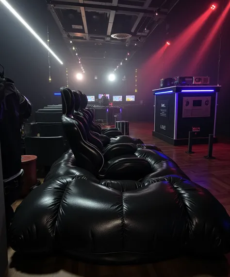 Full panoramic view of scene from below, RAW amateur selfie photo, high resolution, huge inflated racing gaming style seat made of shiny black rubber, the texture of the racing gaming style seat is very shiny and wet detailed, inside a room illuminated fro...