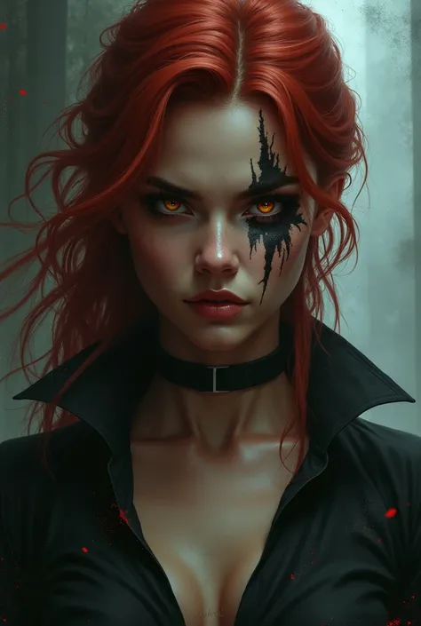 Brown-eyed red-haired yellow-eyed woman with fierce, dark look and scar on her right eye 