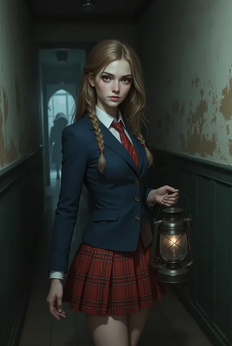 18 year old woman, long, loose light brown hair with braids on the sides, she has amber eyes, she is dressed in a blue and red British school uniform, she is looking higher up as if looking at a surveillance camera, she is holding an old lantern, she appea...