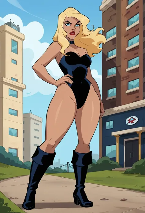 Black Canary character  , 1 ,   blond hair,   blue eyes,   thick thighs,   black swimsuit  ,boots,   choker  ,  standing,  hand on hip, imposing,wind,On top of the building, Outside,  cartoon