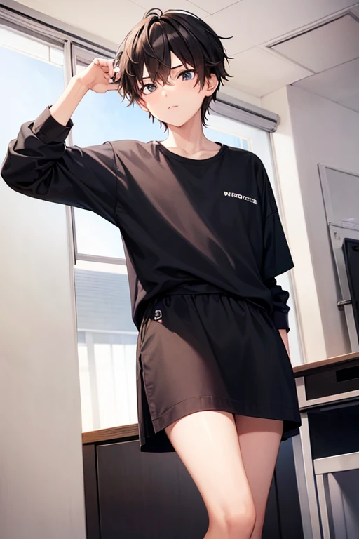 a 18 year old boy, white- t-shirt, black skirt, standing, long brown hair