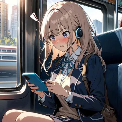 A high school girl is on a train during her morning commute, holding her broken earphones with a troubled expression. She is wearing a school uniform and looking at her smartphone screen with a sigh. One earphone is in her hand as she tries to plug it in, ...