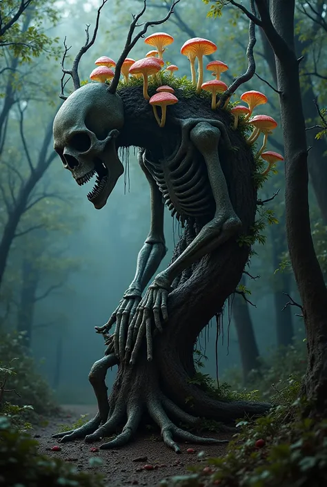 An image of a tree with a stuck together skeleton full of fungi and that looks half dark
