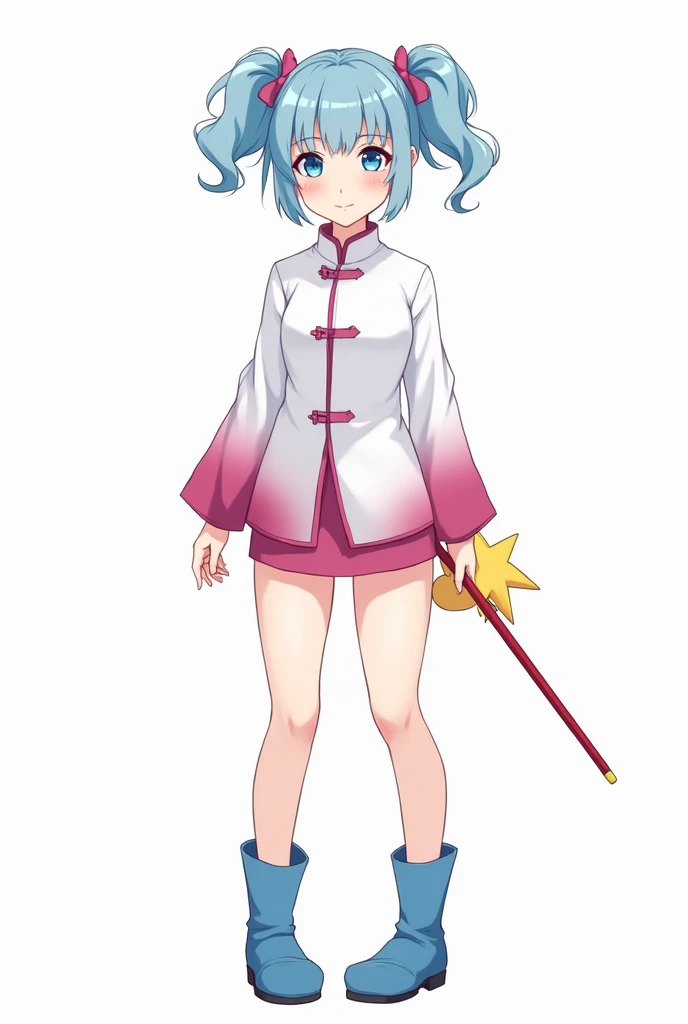  make an image of a 2D manhwa girl with light blue hair tied in two pigtails, white skin and blue eyes.  she wears a loose-fitting Chinese suit with long white sleeves , The sleeves inside are fuchsia . She also wears a short pink skirt and blue boots.  in...