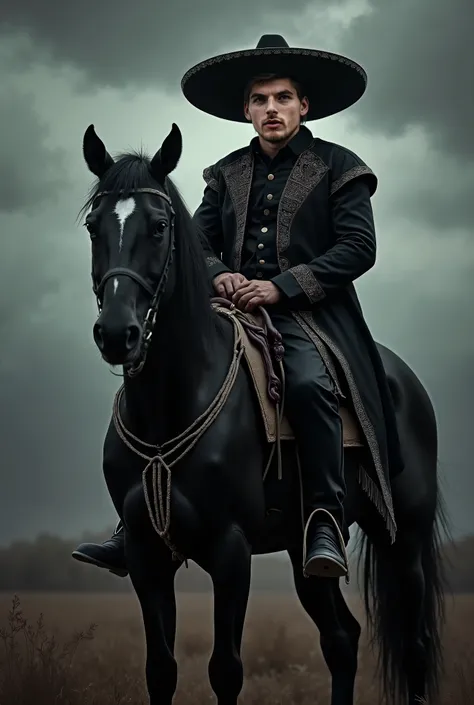 Characterize it as the black charro in a gloomy and somber way, Highlight the color of your eyes, And make his horse absolutely black