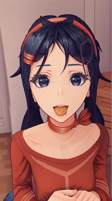 (masterpiece, best quality:1.3), (absurdres absolutely resolution), (8k), (detailed beautiful face and eyes), (detailed illustration), (super fine illustration), dark blue eyes, dark blue hair, braids hair, red hairband, choker, hair ornament, Sexy girl in...