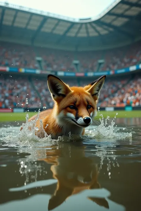 Fox drowning at the Mineirão stadium filled with fans in the stands 