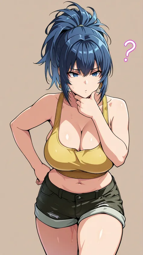 (obra maestra, the best quality, amazing quality),( official style), More quality in the eyes,  Simple background , latest ,1 girl,  Simple background , beautiful eyes,Leona Heidern,  yellow tank top, shorts,  big thighs , nice breasts, adominales, in good...