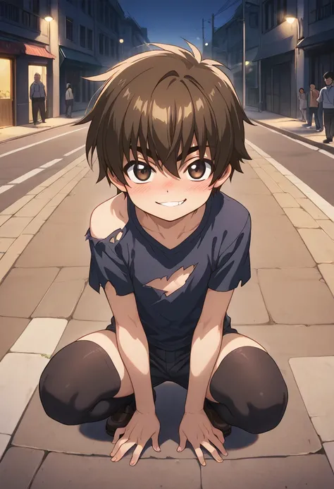 Syaoran li,(masterpiece), best quality, expressive eyes, perfect face, black thighhighs, full body,street,squatting in street,torn shirt,naughty face,looking at viewer,male focus,boy,shota,femboy,multiple boys, ageprogression,