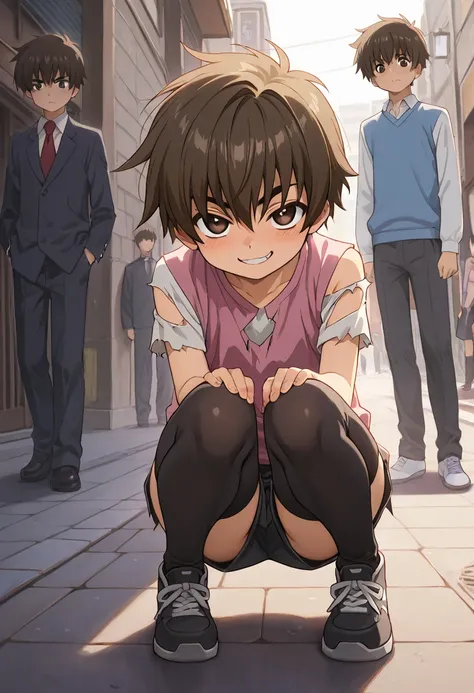 Syaoran li,(masterpiece), best quality, expressive eyes, perfect face, black thighhighs, full body,street,squatting in street,torn shirt,naughty face,looking at viewer,male focus,boy,shota,femboy,multiple boys, ageprogression,