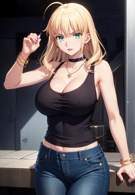 Artoria pendragon,loose Tank top,shoulder lenght slight natural Wavy hair,Big breast,Stud earring,black chocker,Manny earrings,Lip balm,lowrise tight jeans,necklace,Colored long nail,Hoopa bracelet,Inner blue colored hair