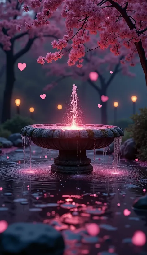 An old stone fountain in the middle of a magical garden in a quiet night atmosphere. Water flows gently from it, but it is not ordinary water, but rather a warm pink glow emanates from it, as if it is radiating with love and warmth, reflecting the light on...