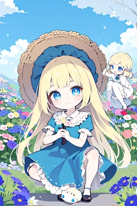    A blonde with long hair and eyes as blue as the sky,     blue dress, flowery up to the knees  ,      white skin, smiling directly at the spectators, Playing with the squatting dolls    