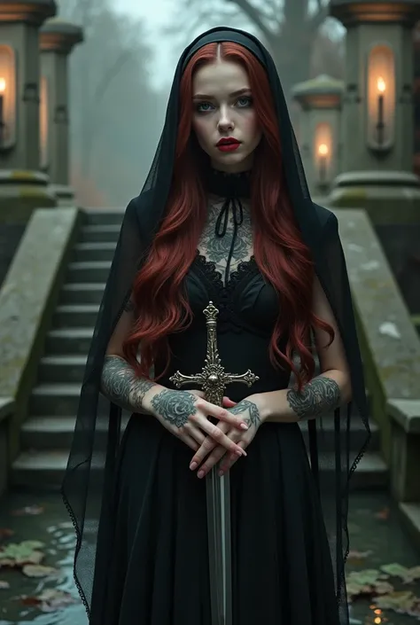 Maroon hair long Yound beautiful nun with tatoos in the shape of the roses on her arms with nice black eyes and red lips, with pale white skin in gotic black laced dress made from the wite colour transculent laced gown, she is wearing.  And holding dagger ...