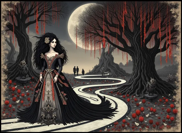 Patchwork by Arthur Rackham, Kate Greenaway, Edmund Dulac, Esao Andrews, Zdzislaw Beksinski, Enchanting forest path, mystical woman in elaborate gown, full moon glow, twisted trees, whimsical flora, gothic figure, surreal background, sharp details, dark am...