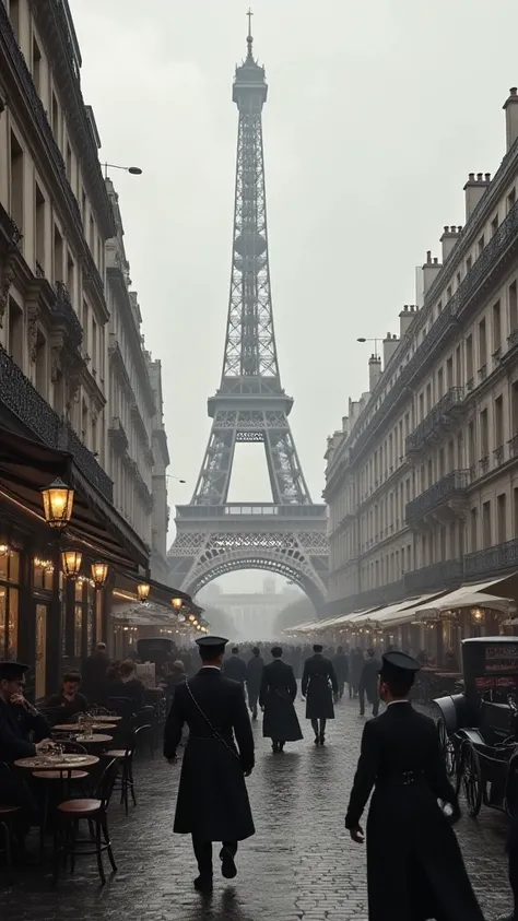  /Imagine  " A panoramic view of Paris in 1917 ,  during the First World War .  The scene shows the Eiffel Tower in the background ,  shrouded in a greyish atmosphere due to smoke from factories and war .  The streets are full of people wearing clothes of ...