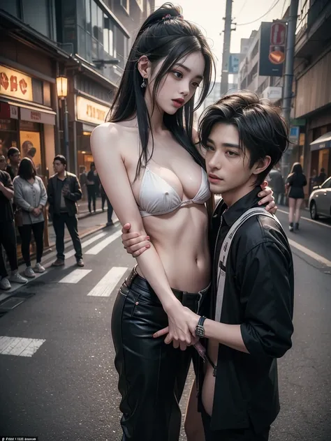 A beautiful and thin girl, An exciting, half-naked prostitute, A Skynny with firm breasts, a perfect slim body, The prostitute shows her tongue sensually,  the prostitute causing an erection,  the two characters are one in front of the other or one on top ...