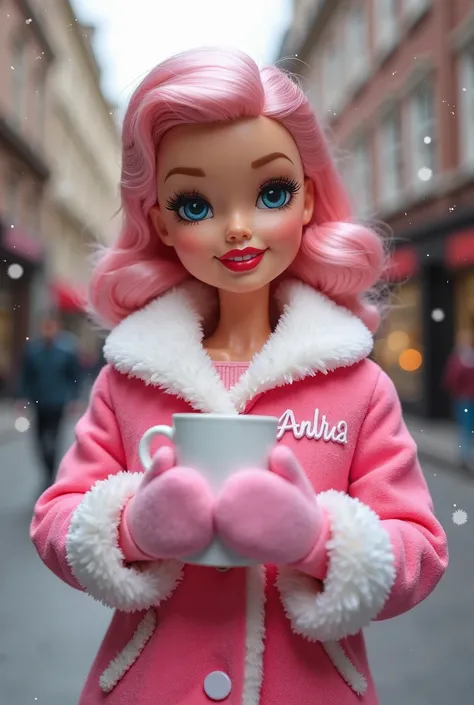 A photo of a 1950s-style  doll with  pink hair.la4ge blue eyes and red lips. The doll is dressed in a pink
Jacket with white fur lining and pink mittens .The 
jacket has the word "Andrea" written  on it. The doll 
Is holding a white cup close to her chest ...