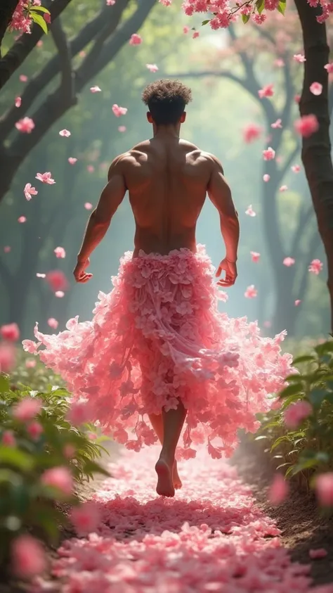 A mesmerizing and enchanting muscular man with dark tan skin, dressed in a breathtaking gown crafted from delicate sakura flower petals. He moves gracefully—dancing, jumping, and running with effortless elegance—through a mystical garden filled with ancien...