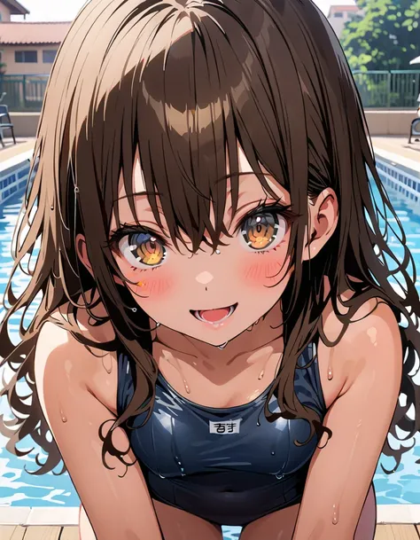 to follow, Yuki mandarin orange,  brown eyes,  brown hair,  hair scrunchy,  long hair,  pink scrunchies, scrunchie , smile,blush, open your mouth, long hair,  tan, school swimsuit,Bare legs, wet swimsuit , wet skin, wet hair, small tits,whole bodyがイラストに入るよ...