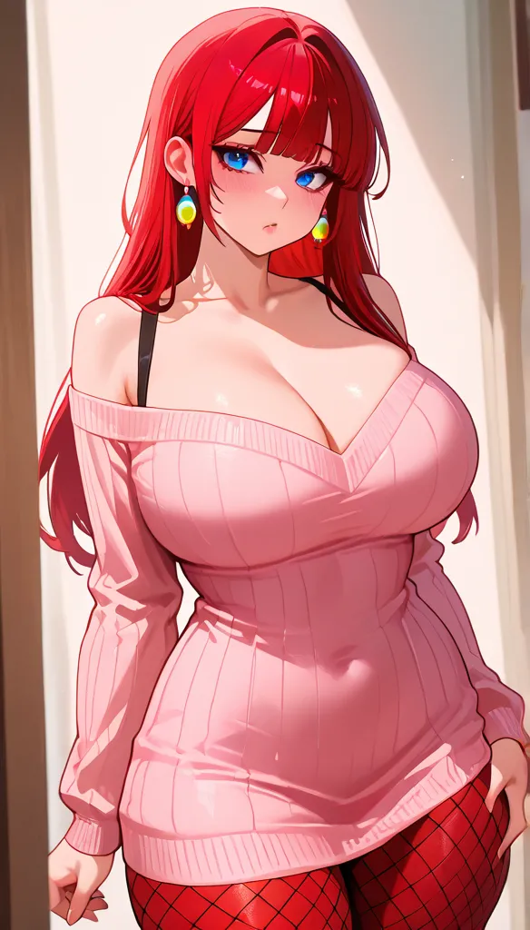 (masterpiece), (portrait), big breasts (aesthetics), ((1 female 21 years old)), Highlight earrings), ((long hair, pointy bangs, hair covering eyes)), ((Hot dark crimson redhead hair, retro style hair)), straight hair, thin eyes open, blue eyes, cute, femal...