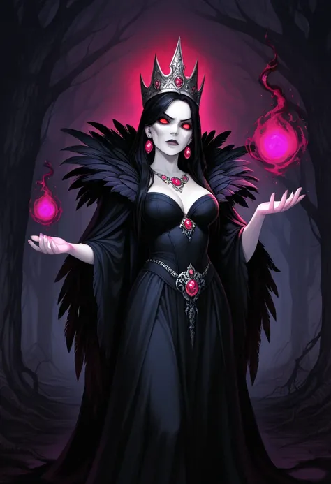 evil fey queen, grim expression, darkness, elaborate dark dress, fantasy art, detailed facial features, piercing eyes, high cheekbones, pale skin, crown, dark forest background, moody lighting, dramatic shadows, intricate jewelry, black feathers, dark magi...